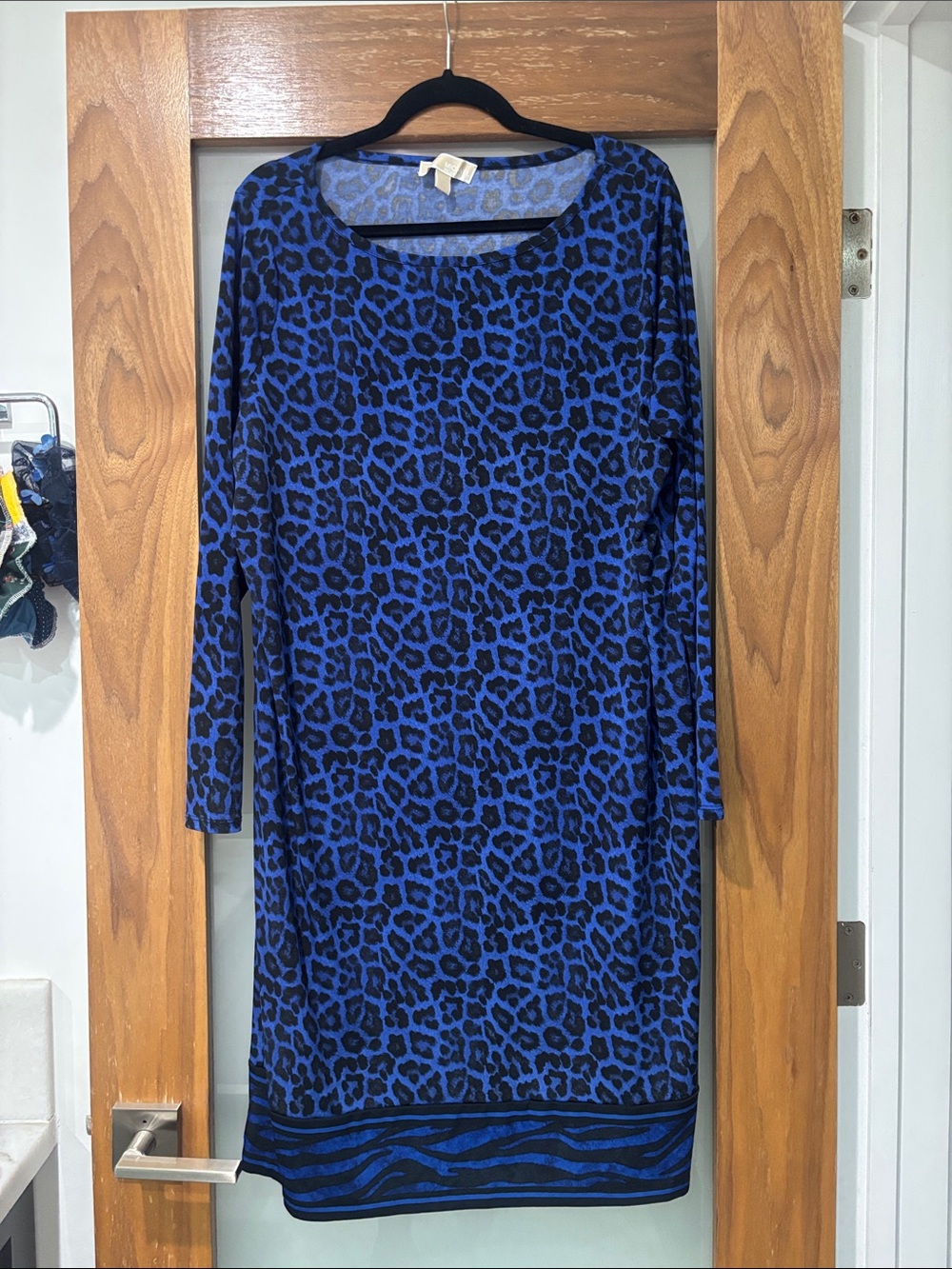 Michael Kors Blue and Black Leopard-Print Long Sleeve Dress